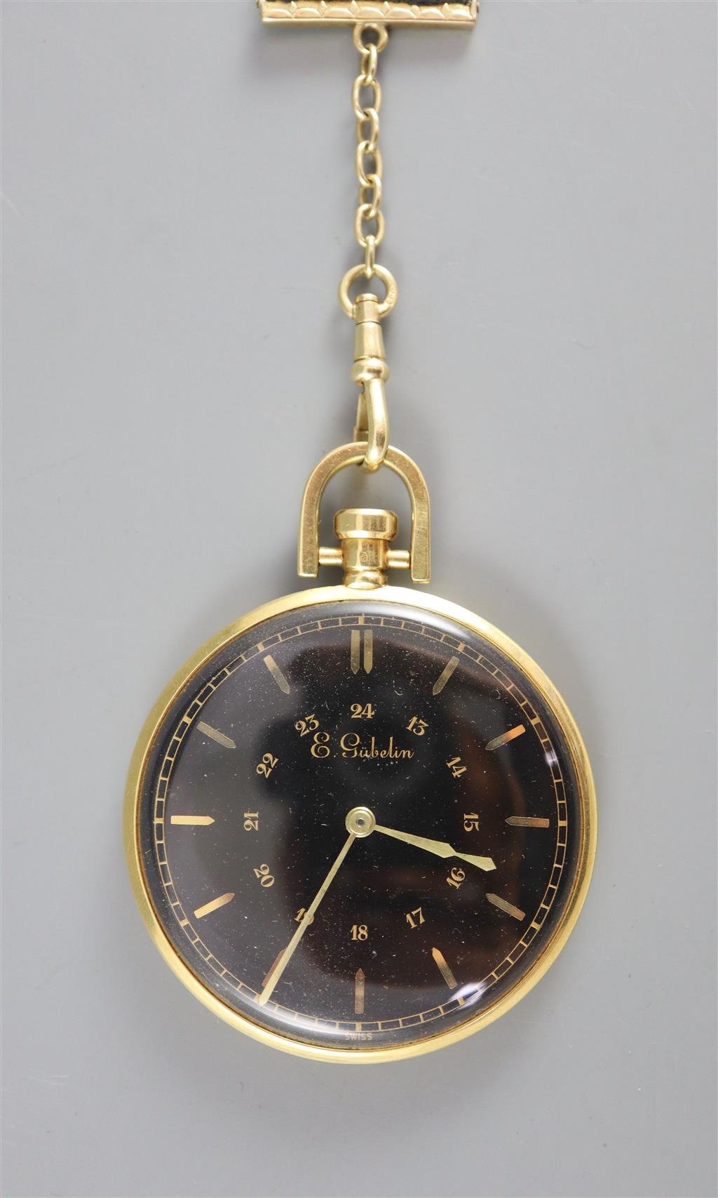 An early to mid 20th century 18ct gold open face keyless dress pocket watch, by E. Gubelin,